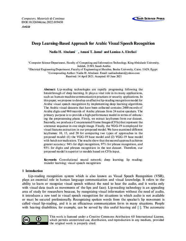 (PDF) Deep Learning-Based Approach for Arabic Visual Speech Recognition
