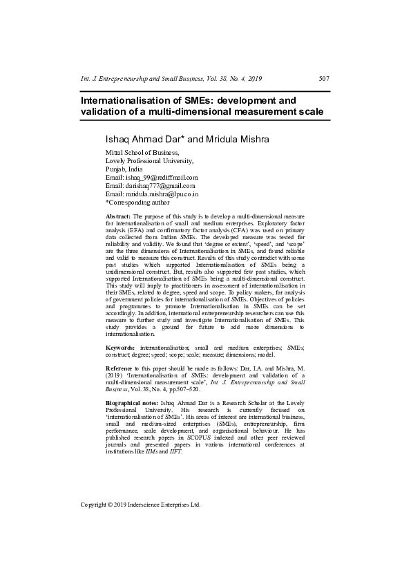 (PDF) Internationalisation of SMEs: development and validation of a ...