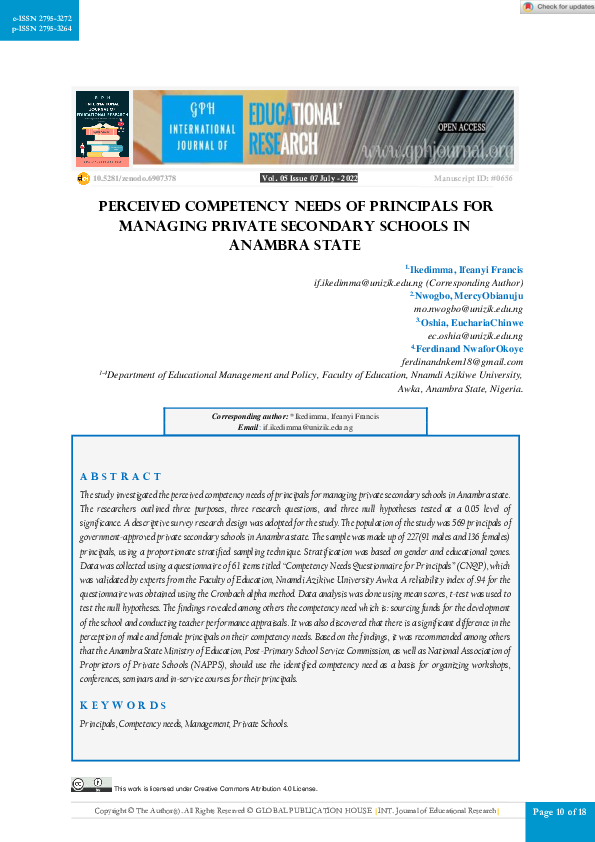 (PDF) Perceived Competency Needs of Principals for Managing Private ...