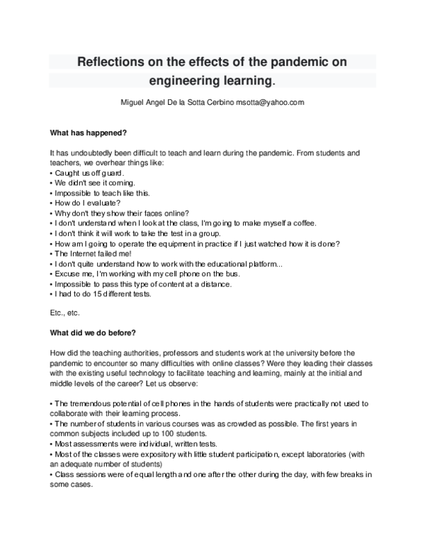 (PDF) Reflections on the effects of the pandemic on engineering ...