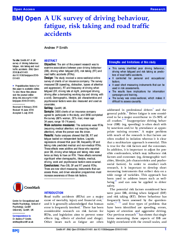 (PDF) A UK survey of driving behaviour, fatigue, risk taking and road ...
