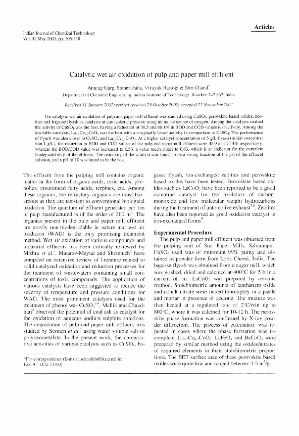(PDF) Catalytic wet air oxidation of pulp and paper mill effluent