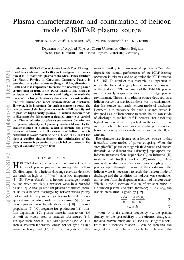 (PDF) Plasma characterization and confirmation of helicon mode of ...