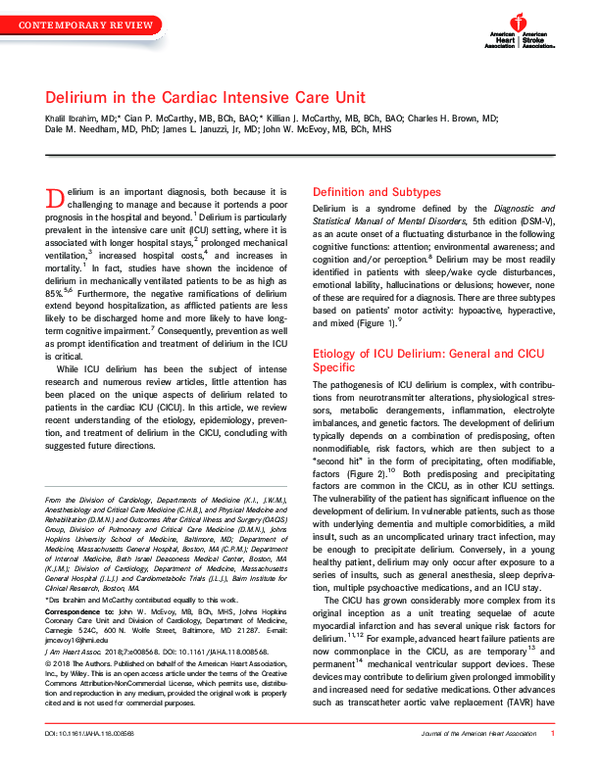 (PDF) Delirium in the Cardiac Intensive Care Unit