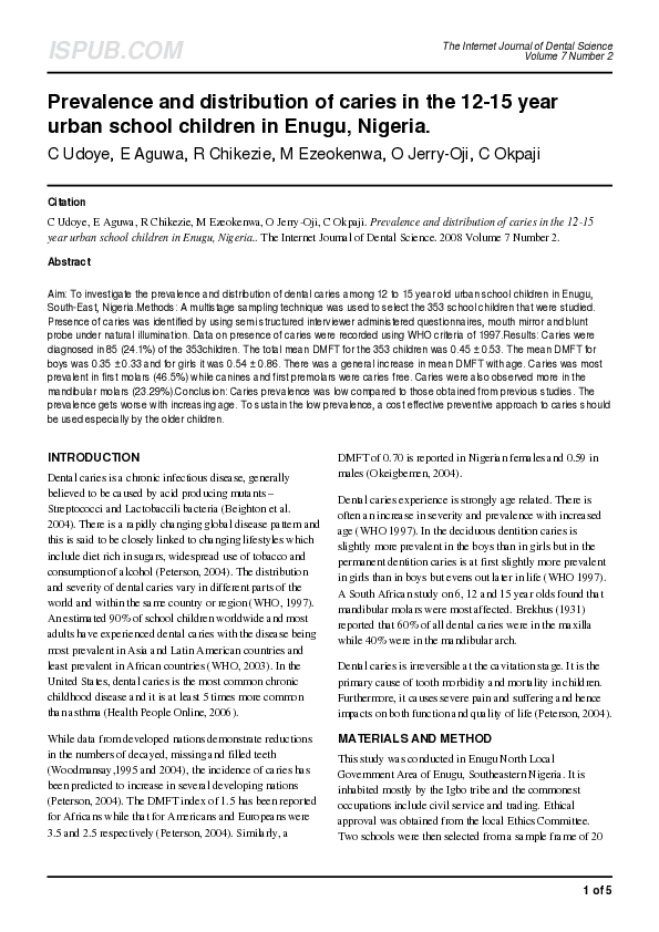 (PDF) Prevalence and distribution of caries in the 12-15 year urban ...