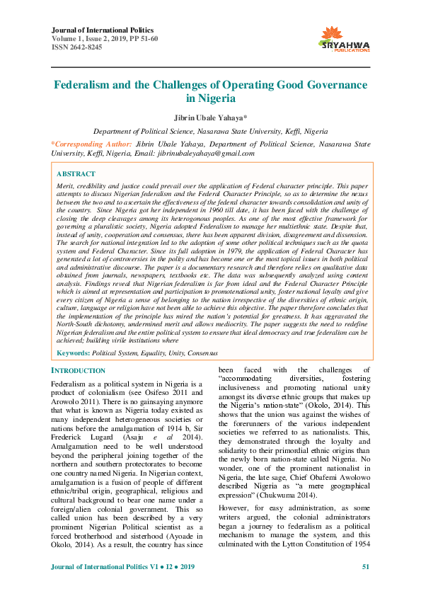 (PDF) Federalism and the Challenges of Operating Good Governance in Nigeria