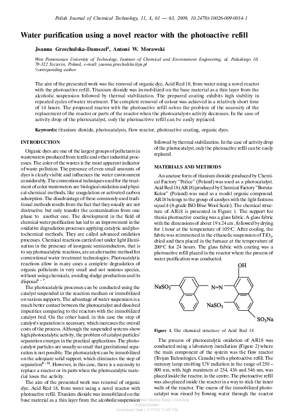 (PDF) Water Purification Using a Novel Reactor with Photoactive Refill