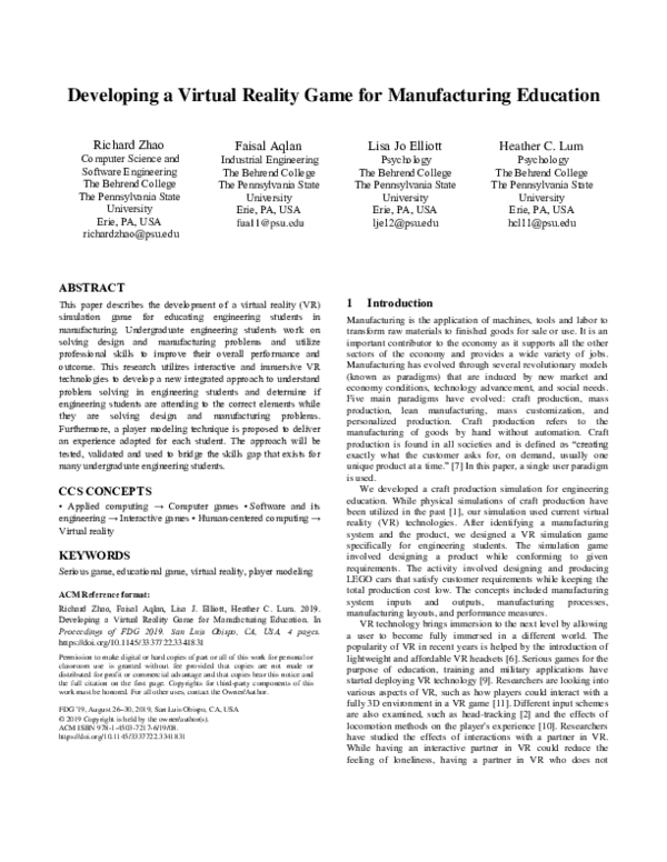 (PDF) Developing a virtual reality game for manufacturing education