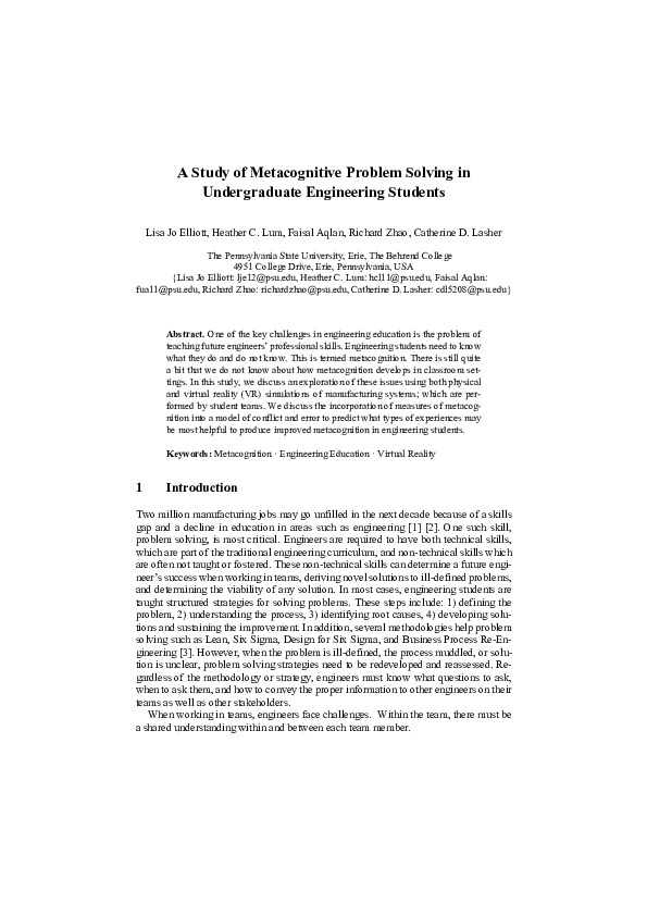 (PDF) A Study of Metacognitive Problem Solving in Undergraduate ...