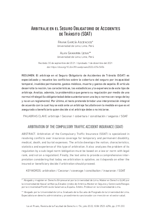 (PDF) Arbitraje en el Seguro Obligatorio de Accidentes de Tránsito (SOAT))