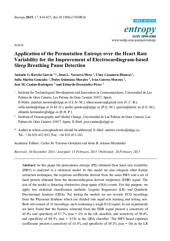 (PDF) Application of the Permutation Entropy over the Heart Rate ...