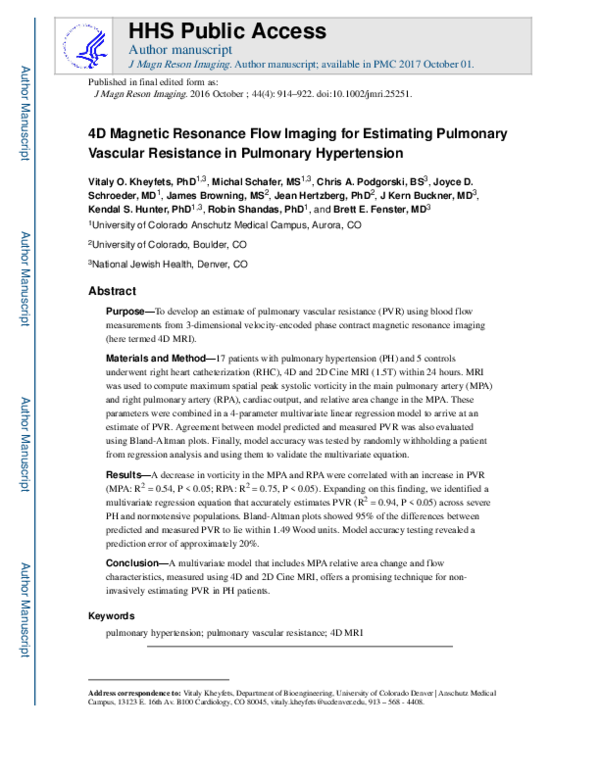 (PDF) 4D magnetic resonance flow imaging for estimating pulmonary ...
