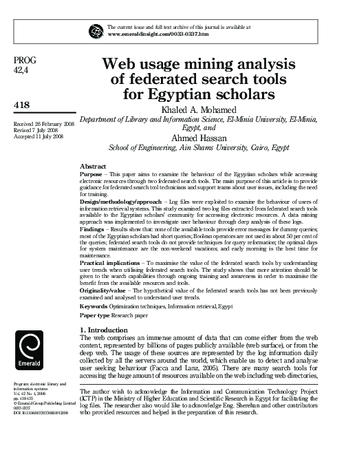 (PDF) Web usage mining analysis of federated search tools for Egyptian ...