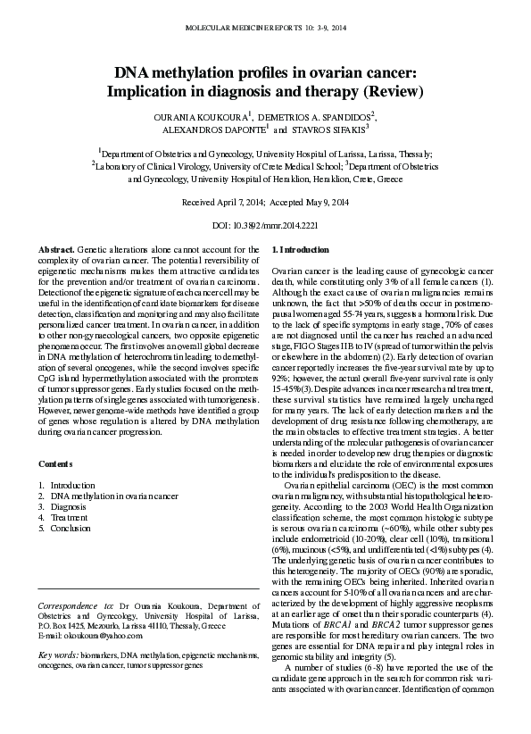 (PDF) DNA methylation profiles in ovarian cancer: Implication in ...