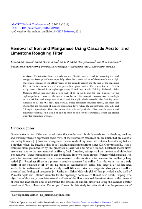 (PDF) Removal of Iron and Manganese Using Cascade Aerator and Limestone ...