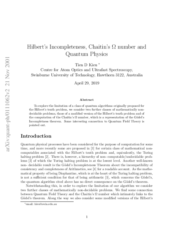 (PDF) Hilbert ’ s Incompleteness , Chaitin ’ s Ω number and Quantum Physics