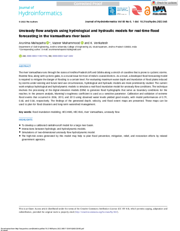 (PDF) Unsteady flow analysis using hydrological and hydraulic models ...