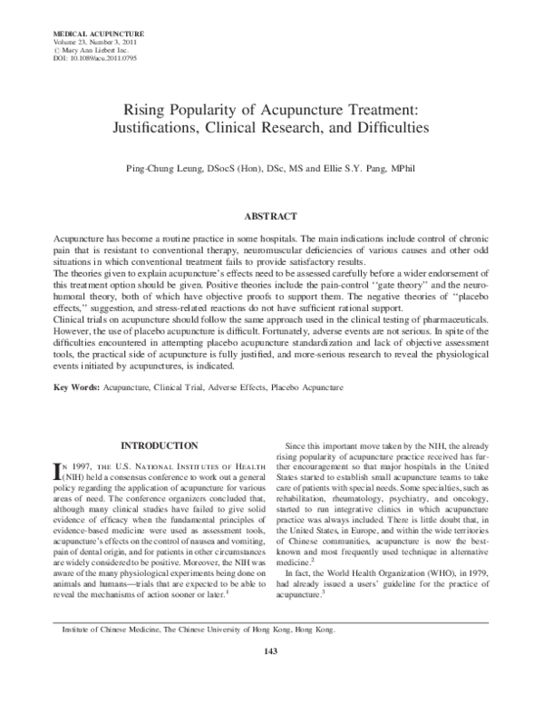 (PDF) Rising Popularity of Acupuncture Treatment: Justifications ...