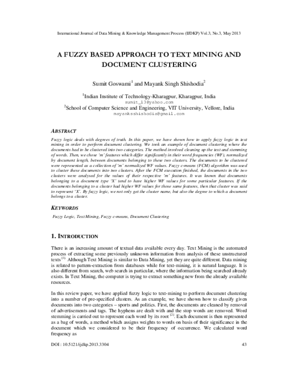 (PDF) A Fuzzy Based Approach to Text Mining and Document Clustering
