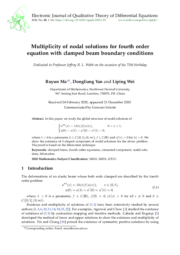 (PDF) Multiplicity of nodal solutions for fourth order equation with ...