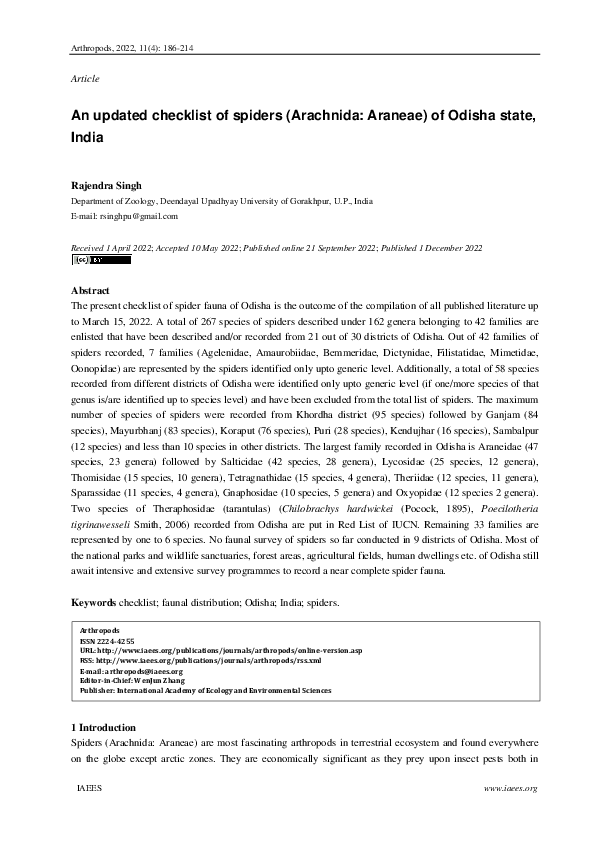 (PDF) An updated checklist of spiders (Arachnida: Araneae) of Odisha ...