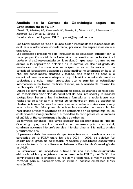 (PDF) Análisis de la carrera de Odontología según los graduados de la FOLP