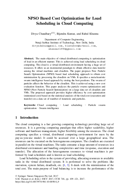 (PDF) NPSO Based Cost Optimization for Load Scheduling in Cloud Computing