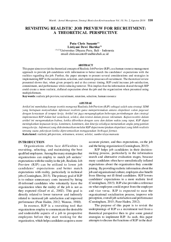 (PDF) Realistic Job Preview dalam Rekrutmen: Pendekatan Teoritis ...