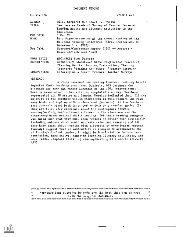 (PDF) Teachers as Readers: Survey of Teacher Personal Reading Habits ...