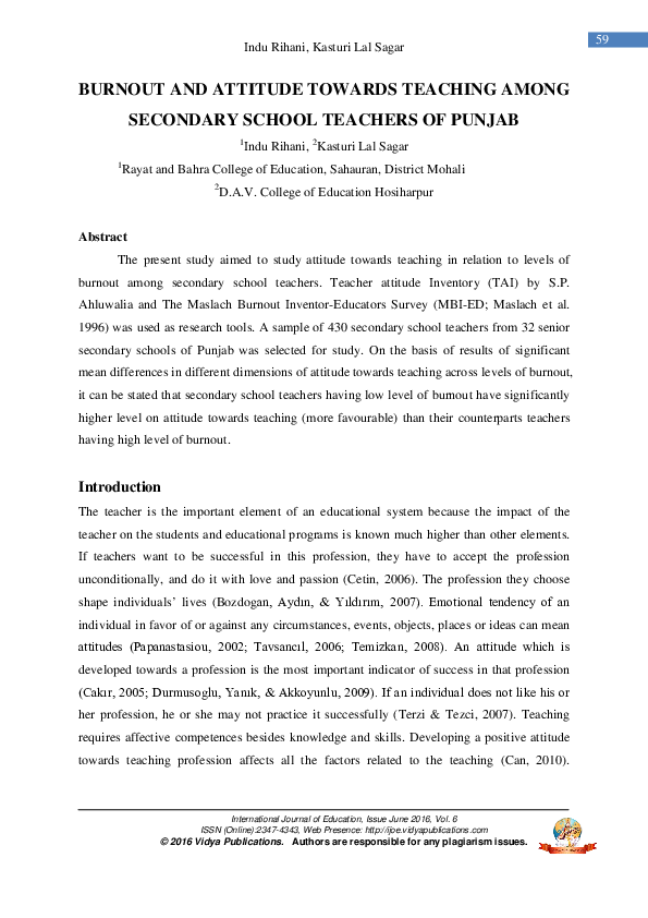 (PDF) Burnout and Attitude Towards Teaching Among Secondary School ...