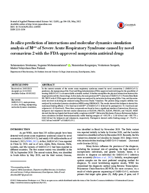 (PDF) In silico prediction of interactions and molecular dynamics ...