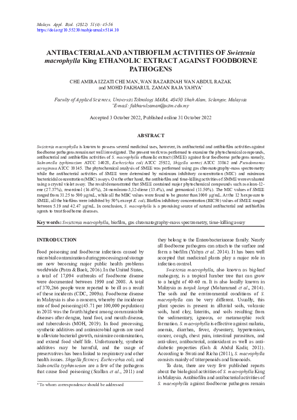 (PDF) Antibacterial and antibiofilm activities of Swietenia macrophylla ...