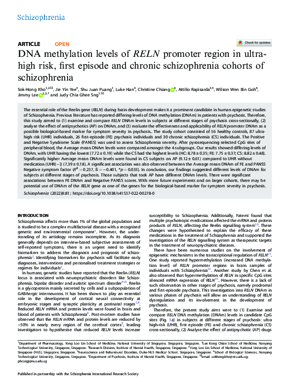 (PDF) DNA methylation levels of RELN promoter region in ultra-high risk ...
