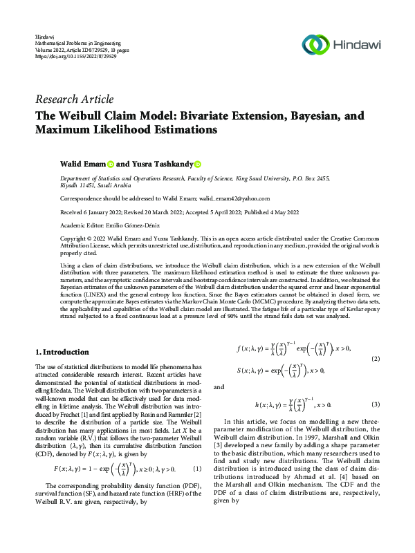 (PDF) The Weibull Claim Model: Bivariate Extension, Bayesian, and ...