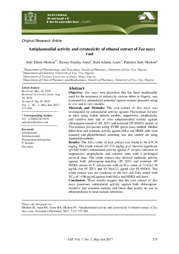 (PDF) Antiplasmodial activity and cytotoxicity of ethanol extract of ...