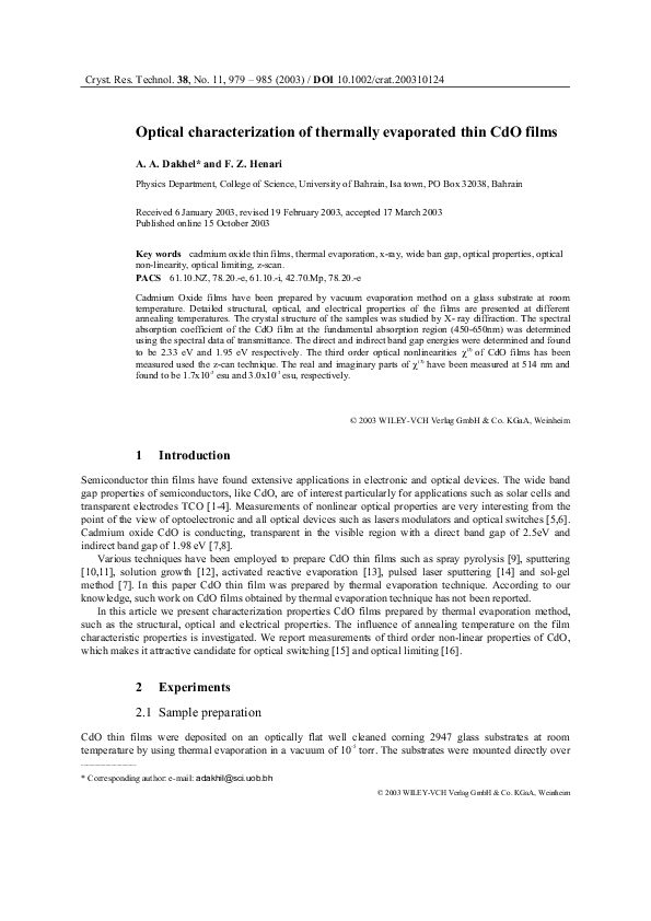 (PDF) Optical characterization of thermally evaporated thin CdO films