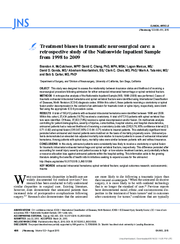 (PDF) Treatment biases in traumatic neurosurgical care: a retrospective ...