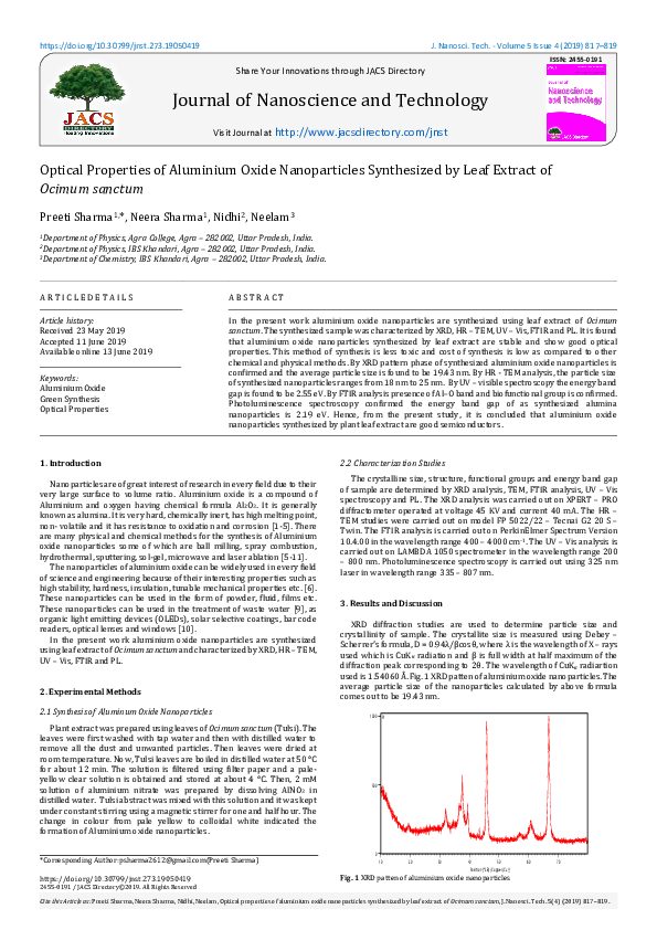  pdf optical properties of aluminium oxide nanoparticles synthesized