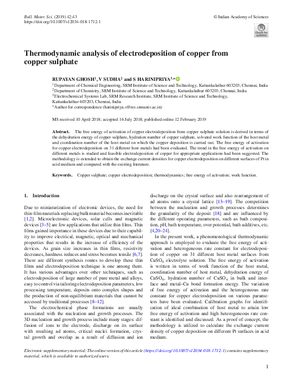 (PDF) Thermodynamic analysis of electrodeposition of copper from copper ...