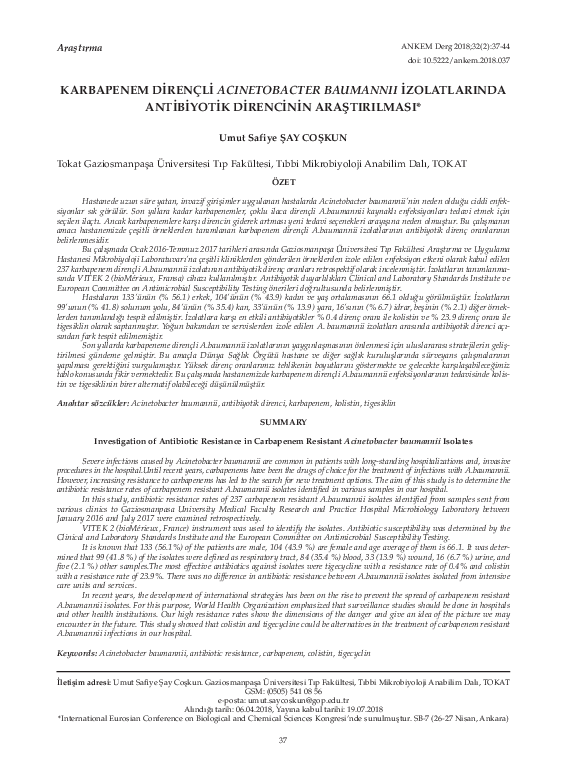 (PDF) Investigation of antibiotic resistance in carbapenem resistant ...