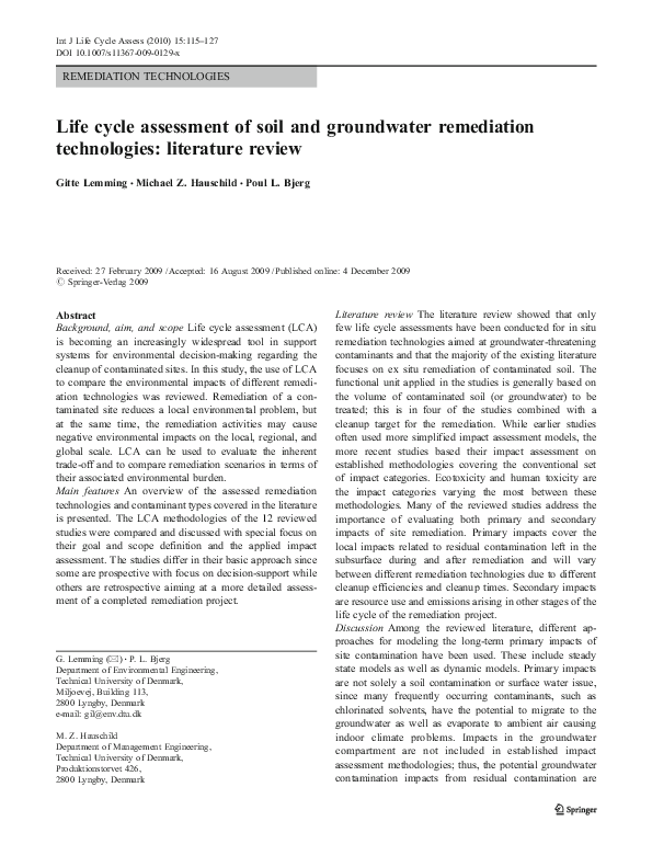 (PDF) Life cycle assessment of soil and groundwater remediation ...