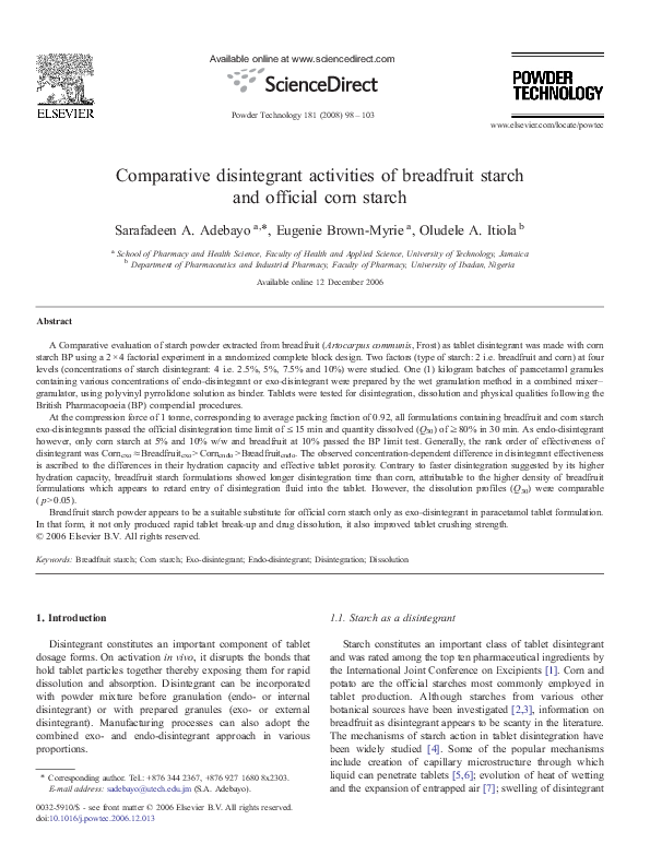 (PDF) Comparative disintegrant activities of breadfruit starch and ...