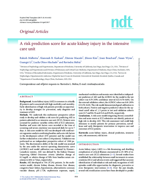 (PDF) A risk prediction score for acute kidney injury in the intensive ...