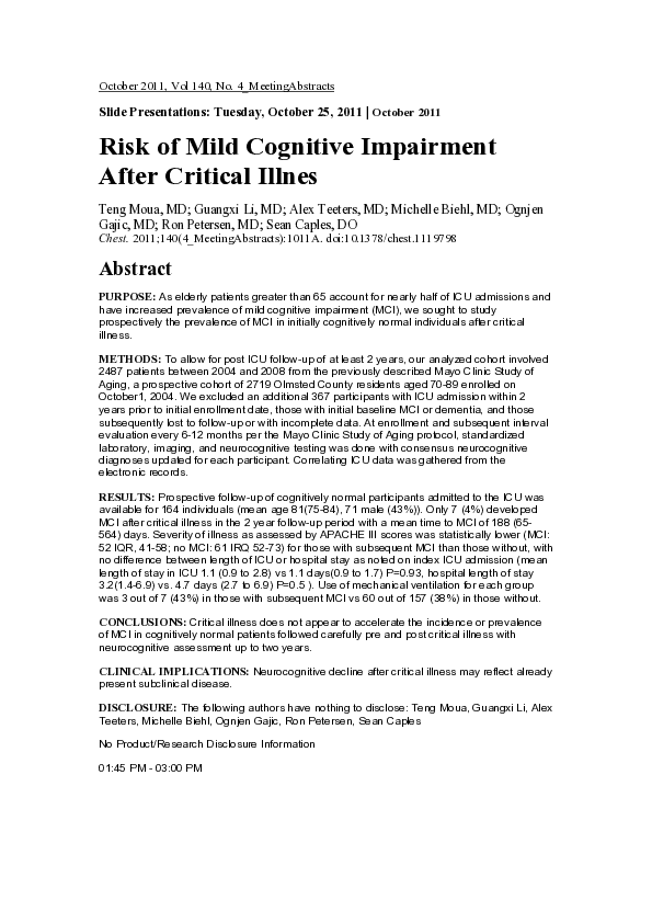 (PDF) Risk of Mild Cognitive Impairment After Critical Illness