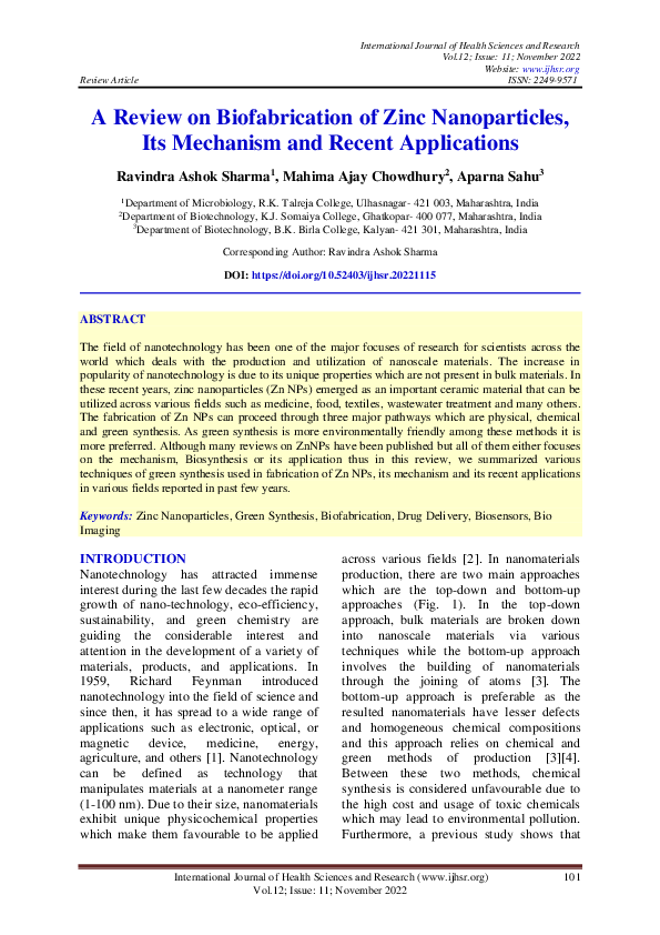 (PDF) A Review on Biofabrication of Zinc Nanoparticles, Its Mechanism