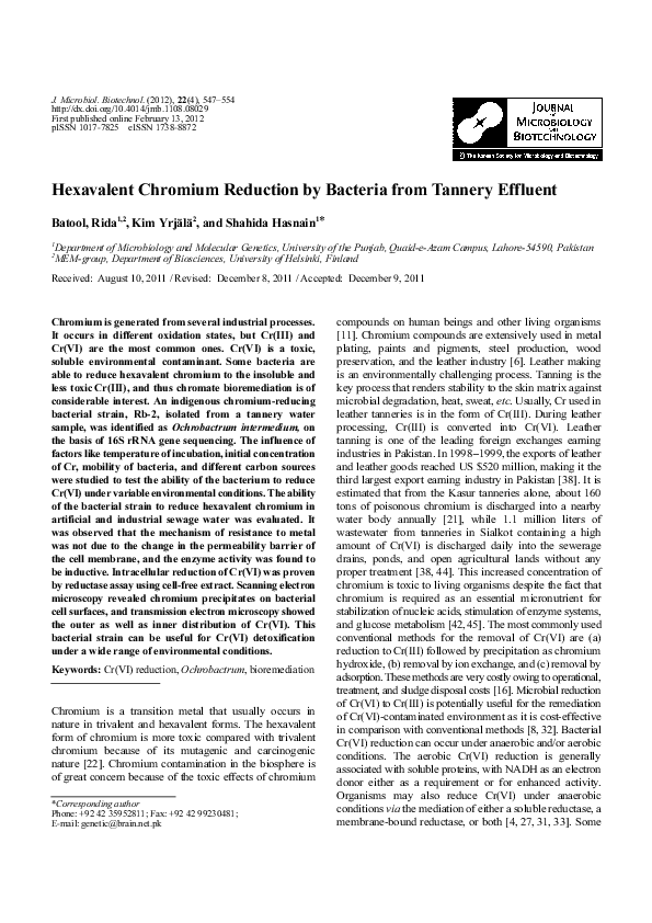 (PDF) Hexavalent Chromium Reduction by Bacteria from Tannery Effluent