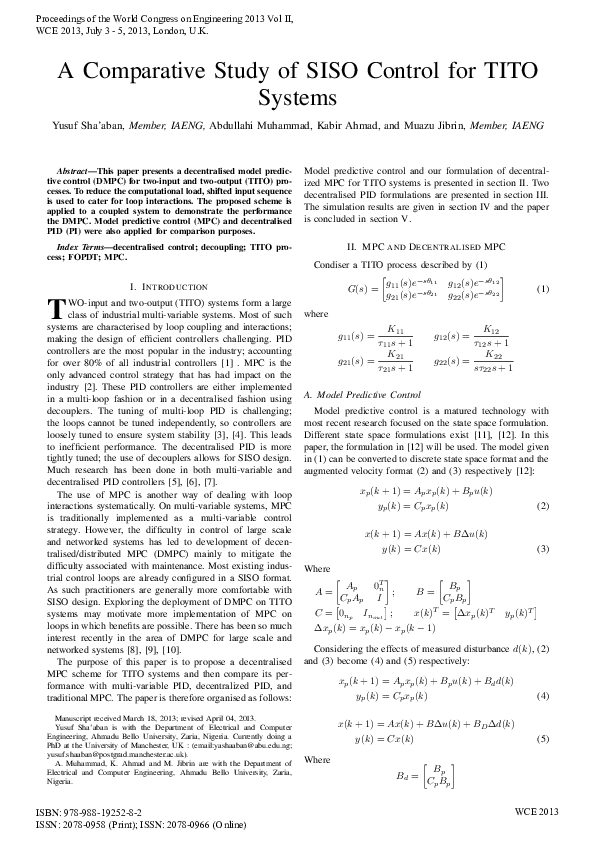 (PDF) A Comparative Study of SISO Control for TITO Systems