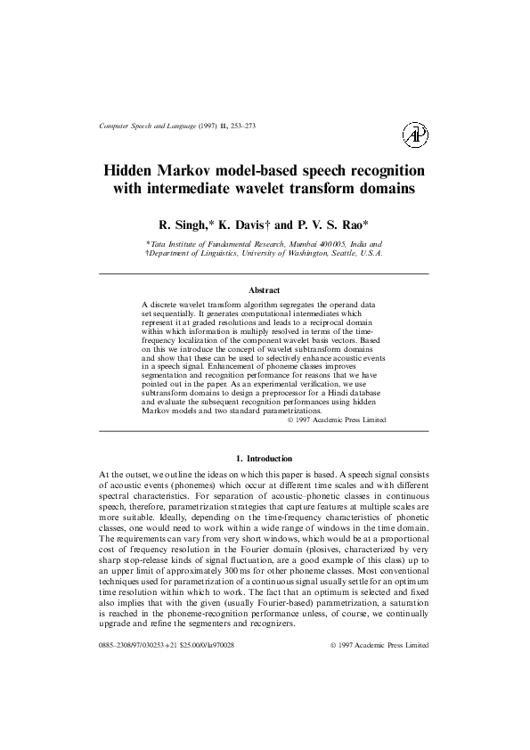(PDF) Hidden Markov model-based speech recognition with intermediate ...