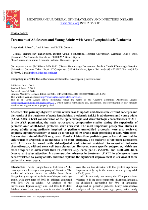 (PDF) Treatment of Adolescent and Young Adults with Acute Lymphoblastic ...