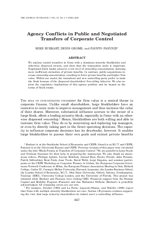 (PDF) Agency Conflicts in Public and Negotiated Transfers of Corporate ...